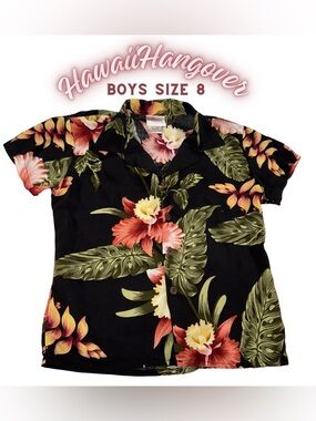 Boys Size 8 Hawaiian Hangover Black Tropical Floral Aloha Shirt EUC